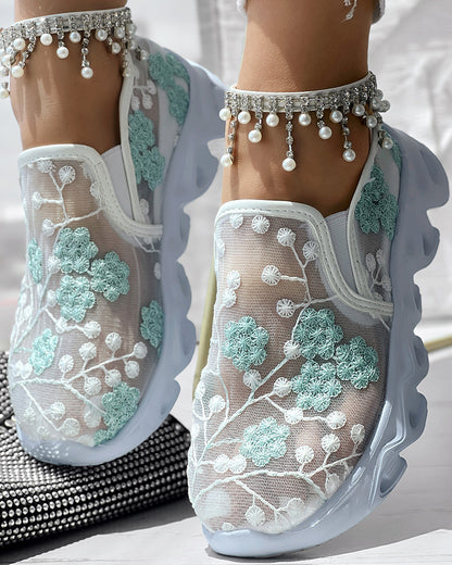 Floral Pattern Sheer Mesh Patch Round Toe Sneakers