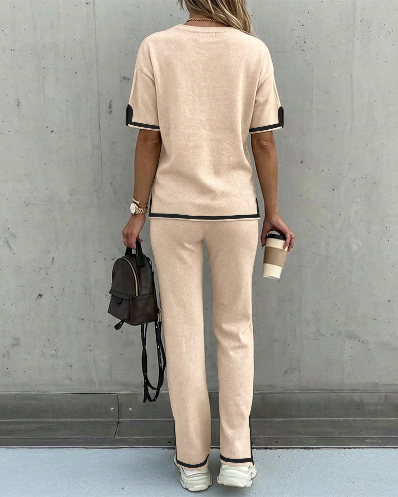 2 Pieces Outfit Round Neck Short Sleeve High-Low Hem Top and Elastic Waist Straight Leg Pants Set Casual Contrast Paneled Side Slit Knit Loungewear Set