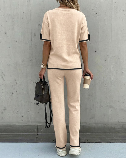 2 Pieces Outfit Round Neck Short Sleeve High-Low Hem Top and Elastic Waist Straight Leg Pants Set Casual Contrast Paneled Side Slit Knit Loungewear Set