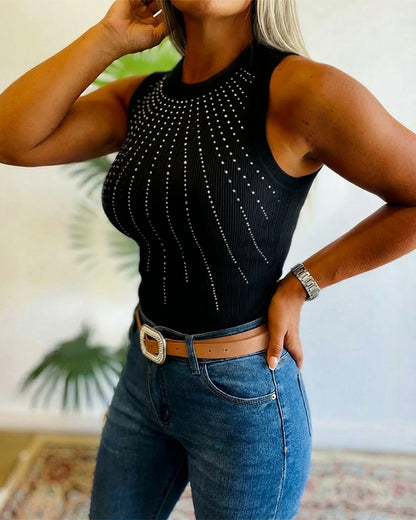 Rhinestone Decor O-neck Sleeveless Tank Slim Fit Ribbed Tank Top