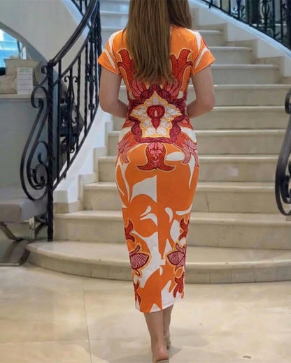 Vintage Baroque Print Deep V-Neck Short Sleeve Ruched Mid-length Dress Slim Fit Slit Front Vacation Dress