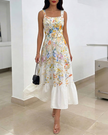 Women's Floral Maxi Dress Square Neck Sleeveless Ruffle Hem Sundress Backless Shirred Summer Vacation Dress with Belt