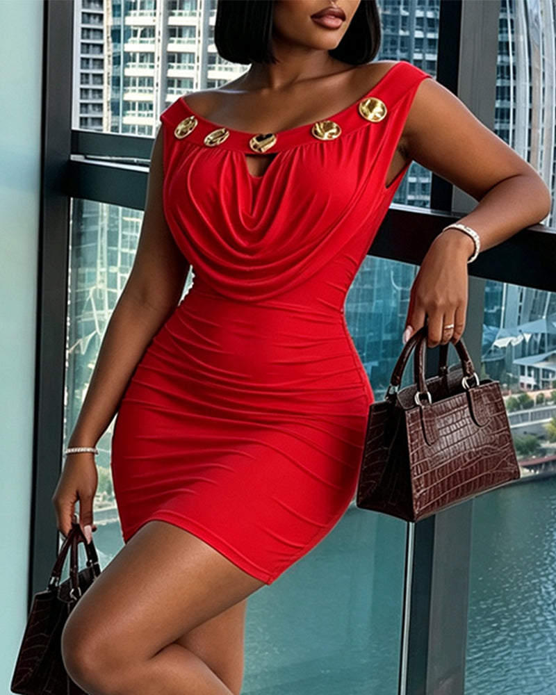 Women's Cowl Neck Bodycon Mini Dress Sleeveless Gold Button Ruched Party Dress