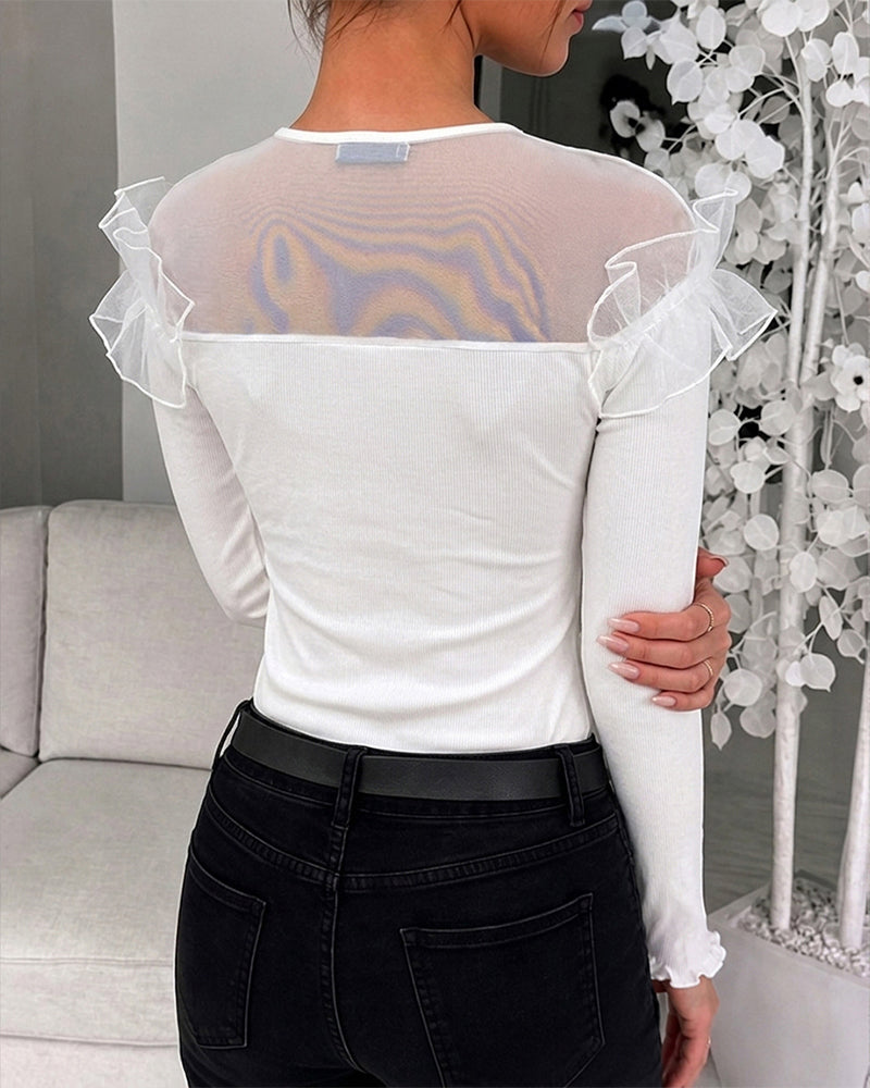 Women's Ruffle Sheer Mesh Spliced Long Sleeve Ribbed Knit Top