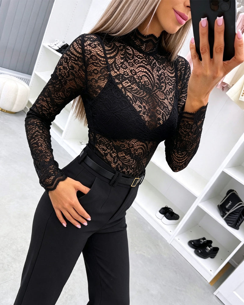 Women's Mock Neck Sheer Lace Top Long Sleeve See Through Layering Shirt