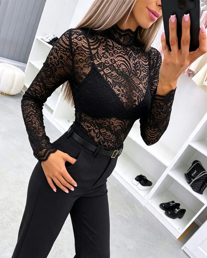 Women's Mock Neck Sheer Lace Top Long Sleeve See Through Layering Shirt