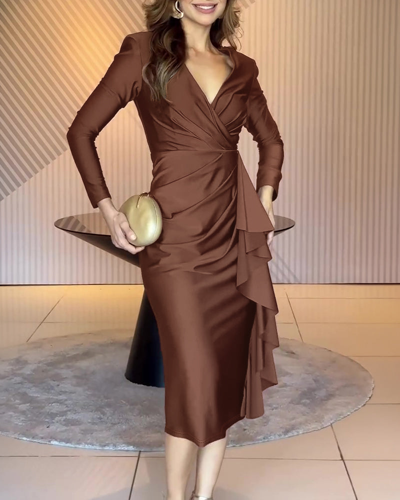 Women's Satin Long Sleeve Midi Dress Ruched Wrap V Neck Ruffle Slit Evening Gown Party Dress