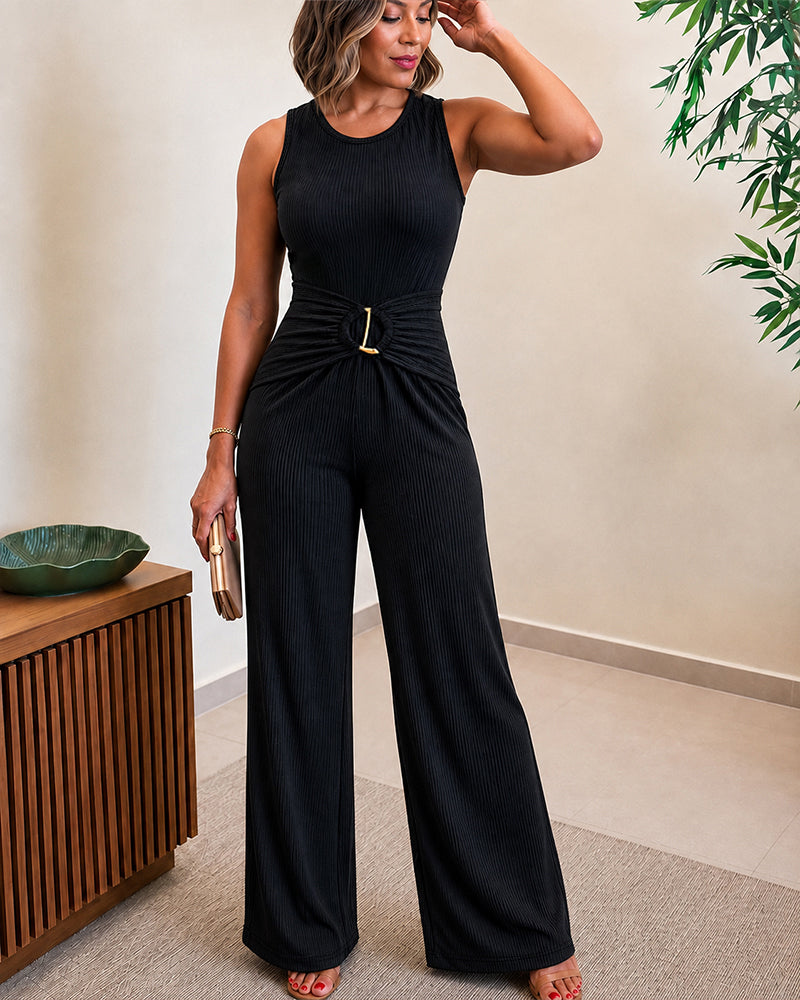 Women's Hollow-out Ribbed Wide Leg Jumpsuit Sleeveless Gold Ring Overalls