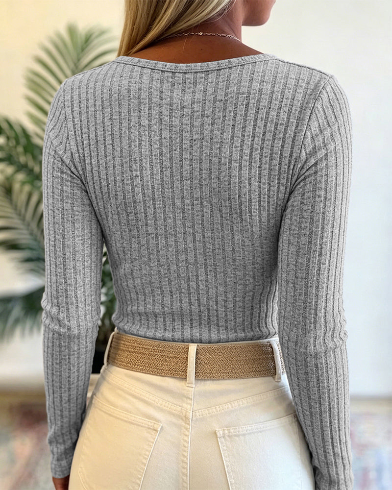 Women's Ribbed Henley Long Sleeve Knit Top Slim Fit Casual Pullover