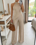 Women's Textured 2 Piece Outfits Halter Neck Backless Sleeveless Asymmetric Top and High Waist Wide Leg Pants Set