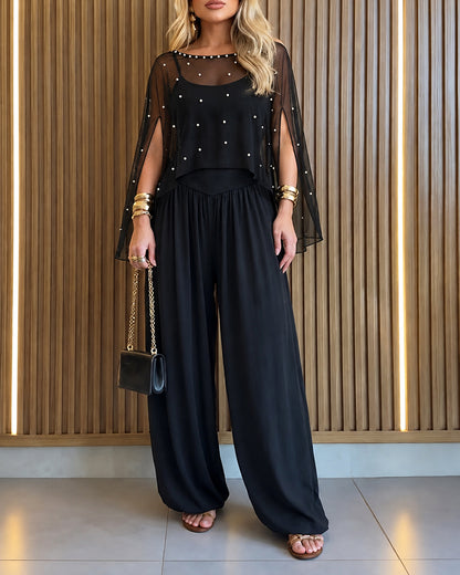 Women's 2-Piece Set Pearl Embellished Split Sleeve Chiffon Cape with Cami Lantern Jumpsuit