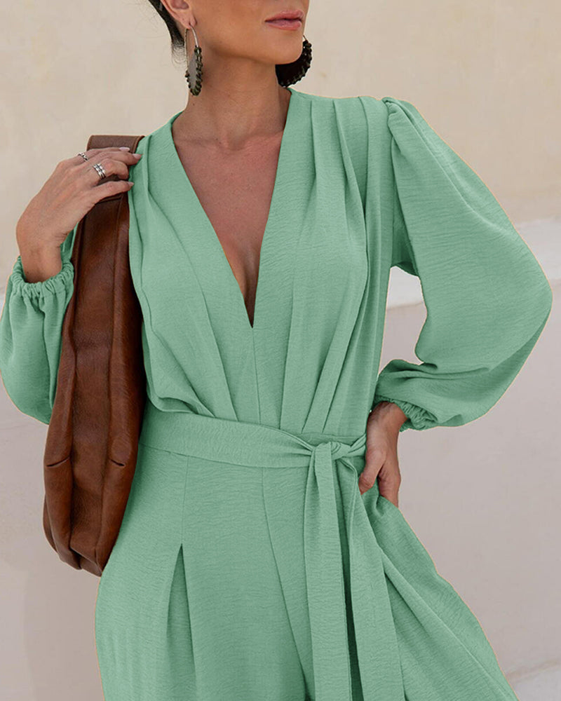 Deep V Neck 3D Design Tie Waist Ruched Overalls Casual Cinched Waist Zipper Back Textured Jumpsuit with Belt