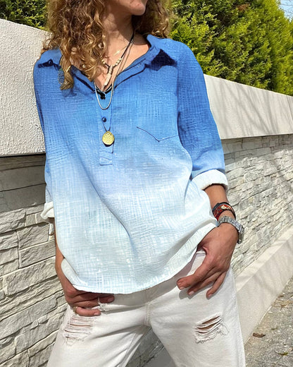 Ombre Turn-down Collar Roll Up Sleeve Half Button Front Shirt Casual Pocket Design Loose Fit Top