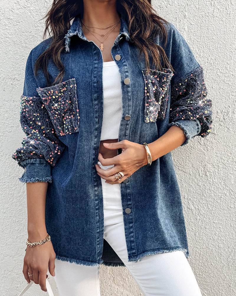 Turn-down Collar Contrast Sequin Long Sleeve Fringe Hem Denim Jacket Casual Coat