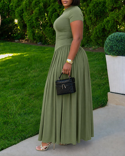 Women's Short Sleeve Crewneck Asymmetric Waist Maxi Dress Ruched A-Line Dress
