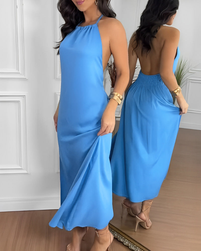 Halter Sleeveless Backless Maxi Dress Casual Shirred Back Side Slit Vacation Dress