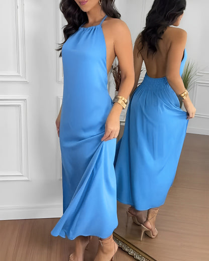 Halter Sleeveless Backless Maxi Dress Casual Shirred Back Side Slit Vacation Dress