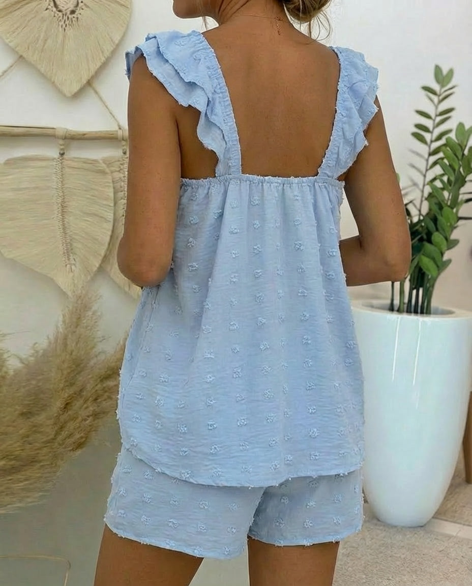 2 Pieces Outfit Tie Neck Flutter Sleeve Hollow-out Front Stretchy Back Top and Drawstring Elastic Waist Shorts Set Casual 3D Decor Textured Vacation Set