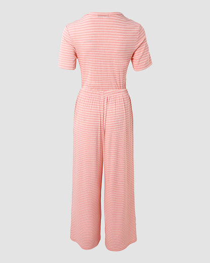 Women's 2 Piece Striped Pajama Set Short Sleeve Square Neck Crop Top and Wide Leg Pants Casual Loungewear