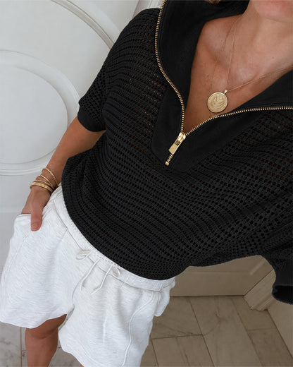 Women's Half Zip Polo Knit Top Short Sleeve Hollow-out Sweater