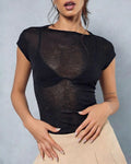 Round Neck Cap Sleeve Semi-Sheer Minimalist Slim Fit Top
