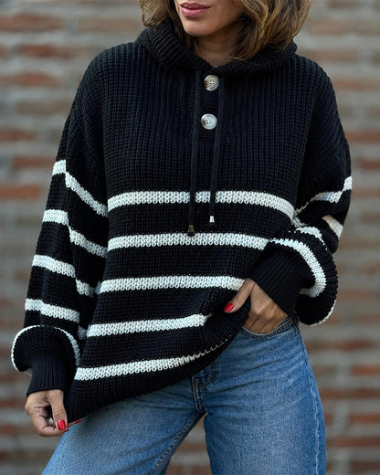 Women's Striped Henley Drawstring Hooded Sweater Loose Fit Lantern Sleeve Knit Pullover