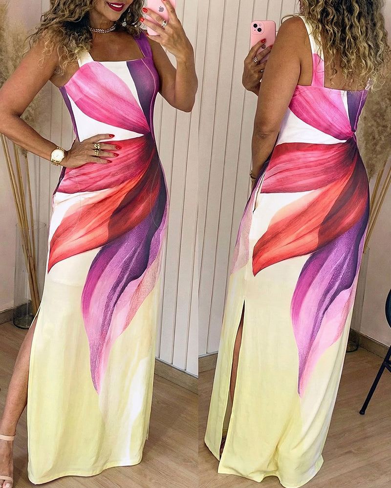 Women's Floral Print Maxi Dress Square Neck Thick Strap Sundress Casual Side Slit Vacation Dress with Pockets 1 Women's Floral Print Maxi Dress Square Neck Thick Strap Sundress Casual Side Slit Vacation Dress with Pockets