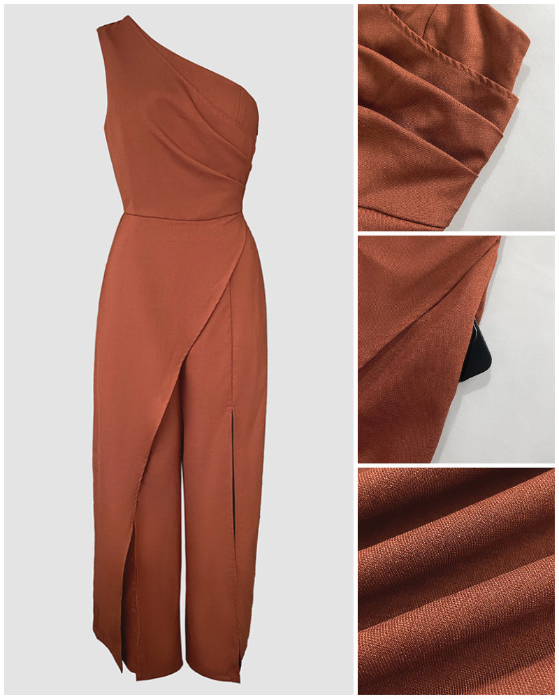 One Shoulder Ruched Zipper Side Slim Fit Jumpsuit High Slit Wrap Wide Leg Jumpsuit