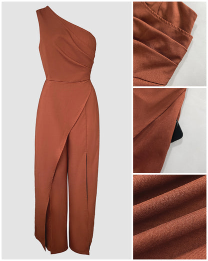 One Shoulder Ruched Zipper Side Slim Fit Jumpsuit High Slit Wrap Wide Leg Jumpsuit