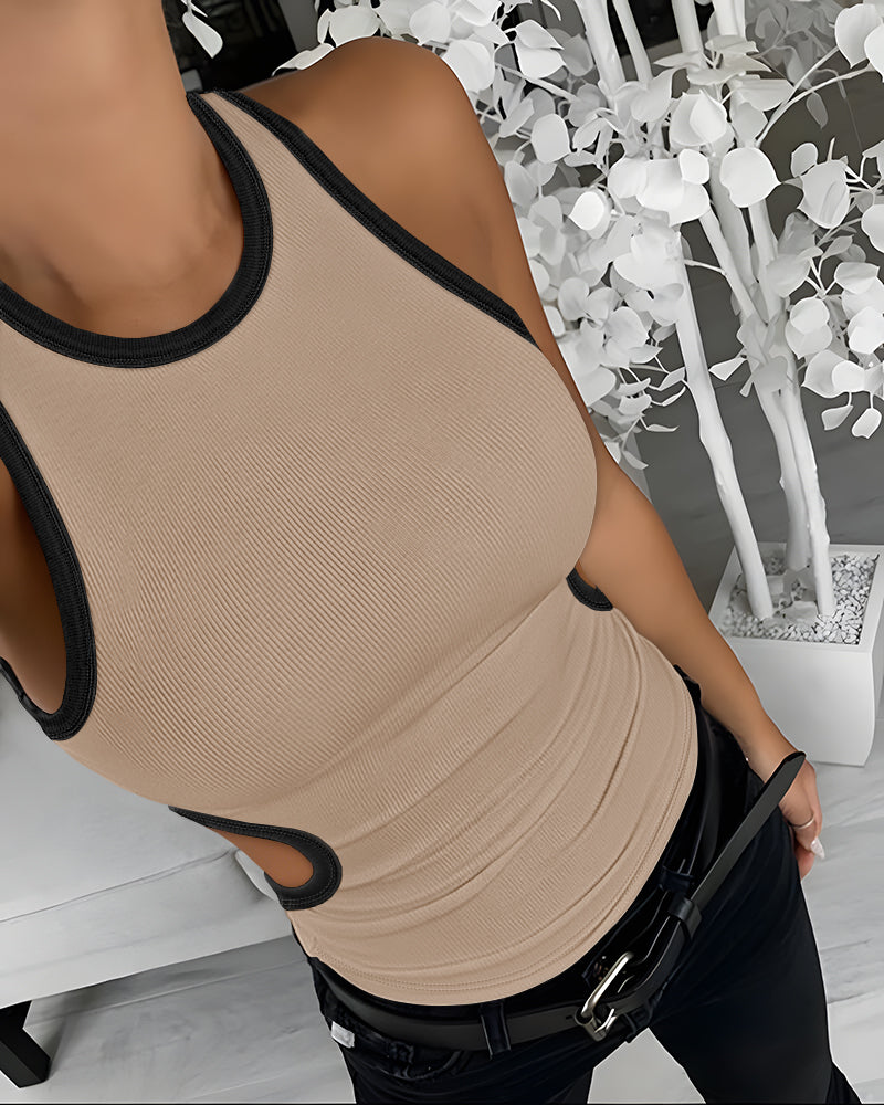 Women's Ribbed Contrast Trim Tank Top Sleeveless Crew Neck Cutout Slim Fit Stretch Casual Top