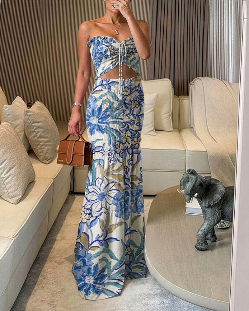 CHICME Women's Tropical Floral Bandeau Dress Sexy Drawstring Cutout Shirred Waist Mermaid Dress Ruffle Hem Vacation Maxi Dress