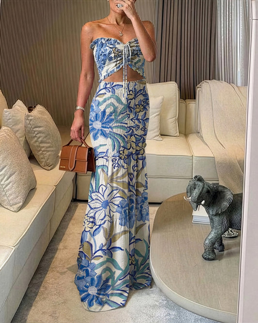 CHICME Women's Tropical Floral Bandeau Dress Sexy Drawstring Cutout Shirred Waist Mermaid Dress Ruffle Hem Vacation Maxi Dress