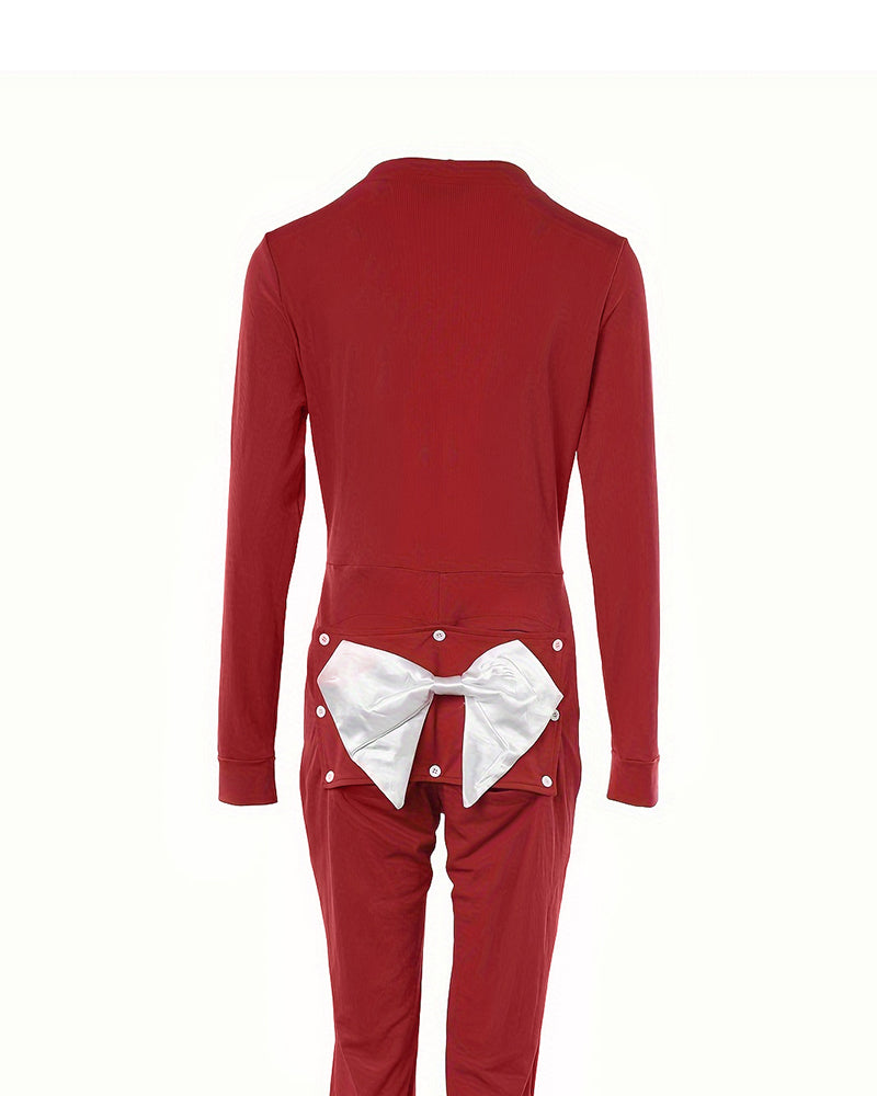 Plunge Long Sleeve Bowknot Decor Functional Onesie