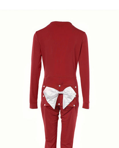 Plunge Long Sleeve Bowknot Decor Functional Onesie