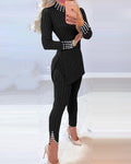 2 Piece Outfits Long Sleeve Beaded Side Slit Knit Top High Waist Skinny Pants Lounge Sets