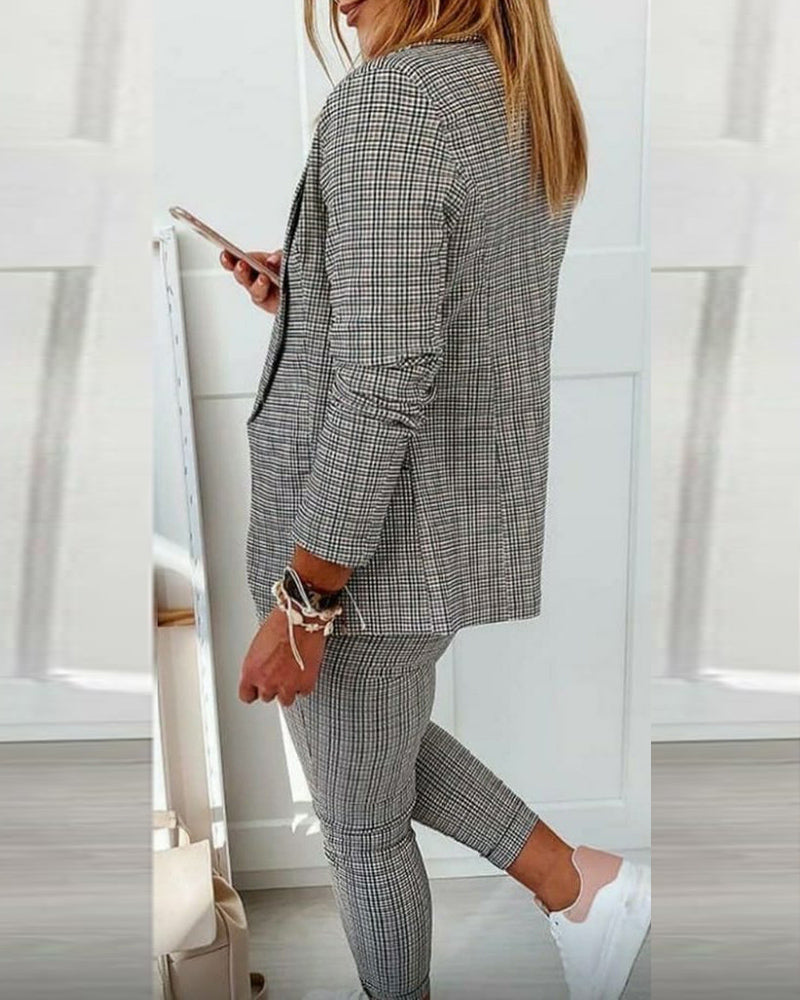 2 Piece Blazer Notched Collar Plaid Print Coat Drawstring Pants Set With Pockets Casual Suits