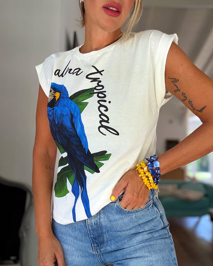 Tropical Animal & Plants Letter Print O-neck Short Sleeve Tee Casual Rolled Cuffs Top