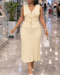Women's 2 Piece Knit Set Sleeveless V Neck Vest Top and Pleated Midi Skirt