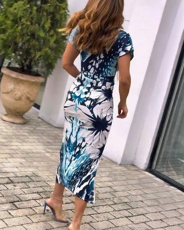 Vintage Floral Placement Print Deep V-Neck Short Sleeve Ruched Mid-length Dress Slim Fit Slit Front Vacation Dress