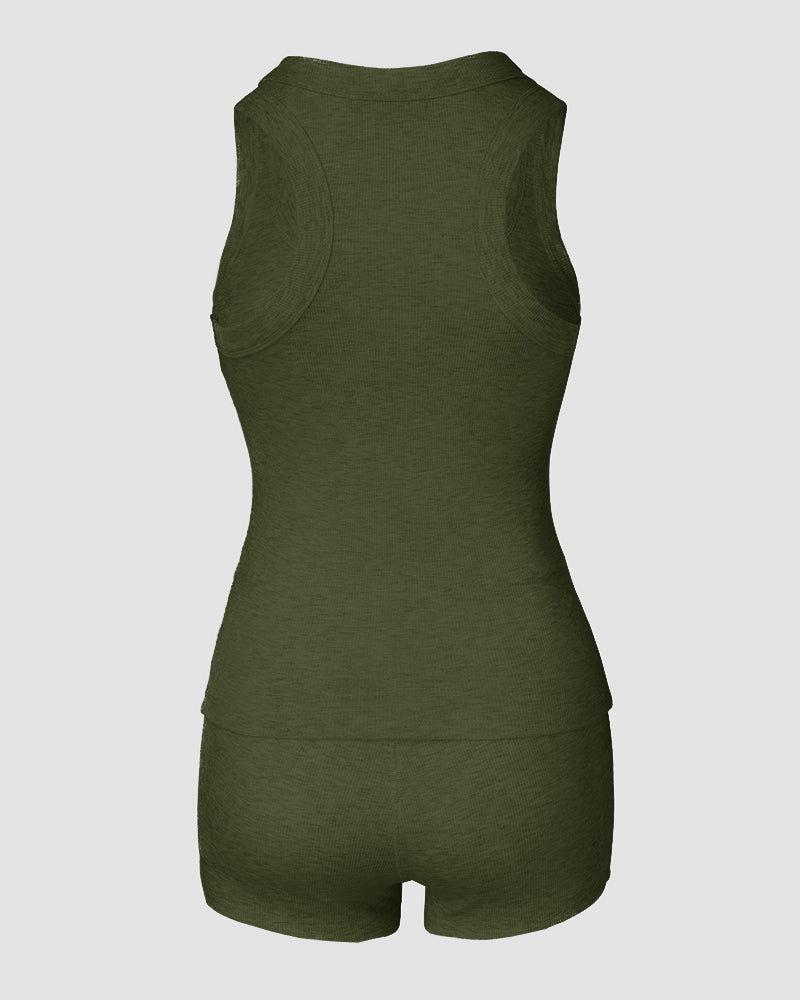 2PCS Micro-Ribbed U-Neck Tank Top & Boxer Set Cozy Loungewear