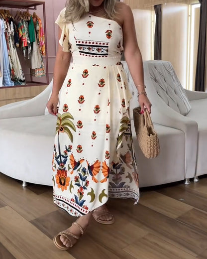 Tribal Print One Shoulder Flutter Sleeve Dress Casual Slim Fit Slit Asymmetrical Hem Vacation Dress