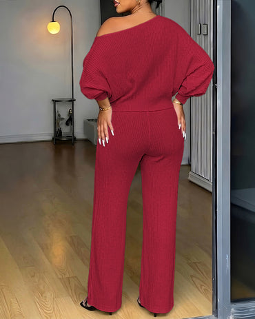 Women's 2 Piece Outfits Skew Neck Batwing Sleeve Top and Wide Leg Pants Set Casual Textured Loungewear with Pockets