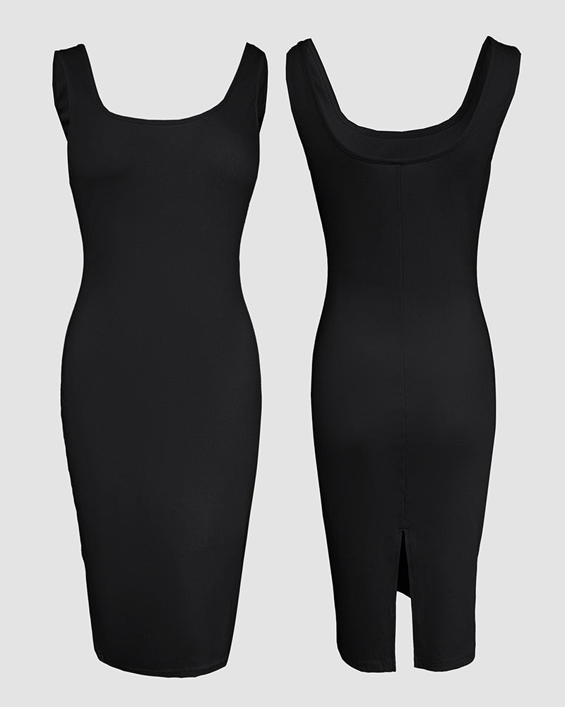 2 Pieces Outfit U-Neck Slit Back Slim Fit Knit Tank Dress and Pearl Button Front Baseball Coat Casual Ribbed Set