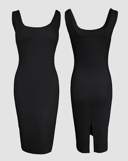 2 Pieces Outfit U-Neck Slit Back Slim Fit Knit Tank Dress and Pearl Button Front Baseball Coat Casual Ribbed Set