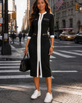 Women's Contrast Paneled Midi Dress Two-Way Zipper Front Long Sleeve Slit Work Dress