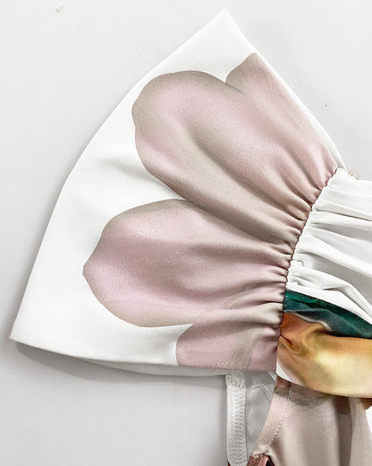 Plants Print Sweetheart Neck Short Sleeve Overalls Causal Ruched Wide Leg Jumpsuit