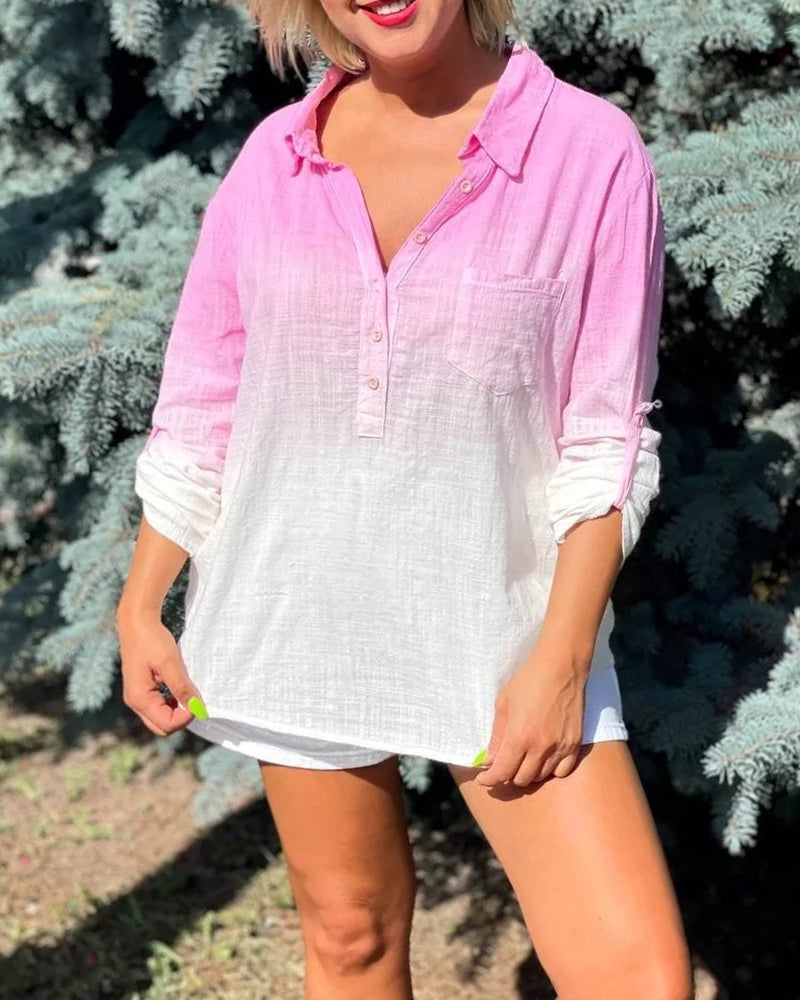 Ombre Turn-down Collar Roll Up Sleeve Half Button Front Shirt Casual Pocket Design Loose Fit Top