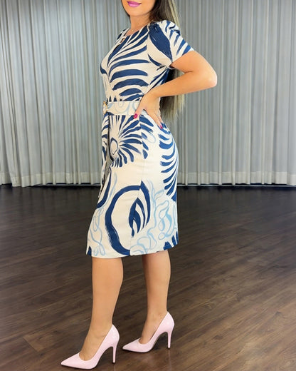 Abstract Print Short Sleeve Hollow-out Front Midi Dress with Belt