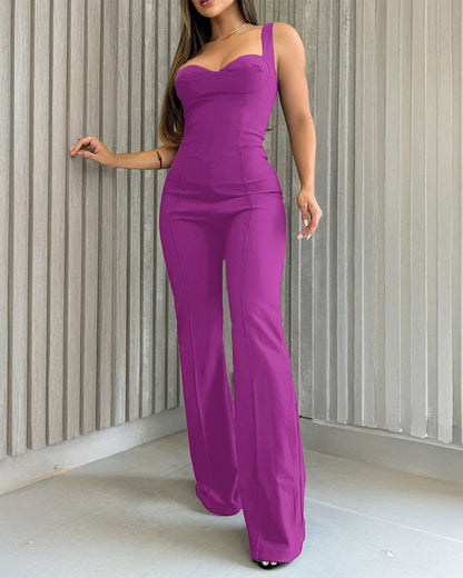 Sweatheart Neck Thick Strap Backless Lace-up Back Overalls Casual Seam Front Wide Leg Jumpsuit