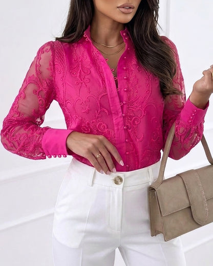 Women's Elegant Mesh Patchwork Shirt Floral Embroidery Stand Collar Pearl Button Long Sleeve Blouse